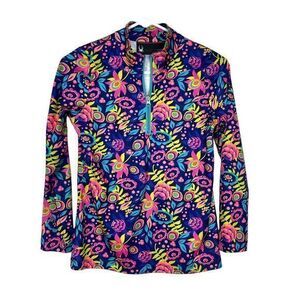 Spyder Rash Guard Kids Girl's XL 18 Blue Pink Colorful Floral Ditz Ava Half Zip